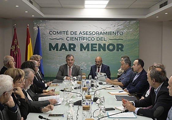 El consejero Juan María Vázquez da la bienvenida, ayer, a los miembros del Comité Científico del Mar Menor.