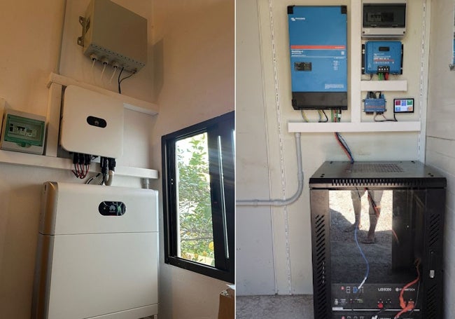 A la izquierda, Sistema Huawei con almacenamiento y back-up conectado a red en el municipio de Alguazas. A la derecha, Sistema Victron en instalación aislada en Cartagena.