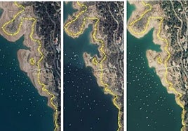 Recreación de la lámina de agua del empalse de Entrepeñas prevista para 2027. Comparativa de previsión 2027 con 2015, 2018, 2021.