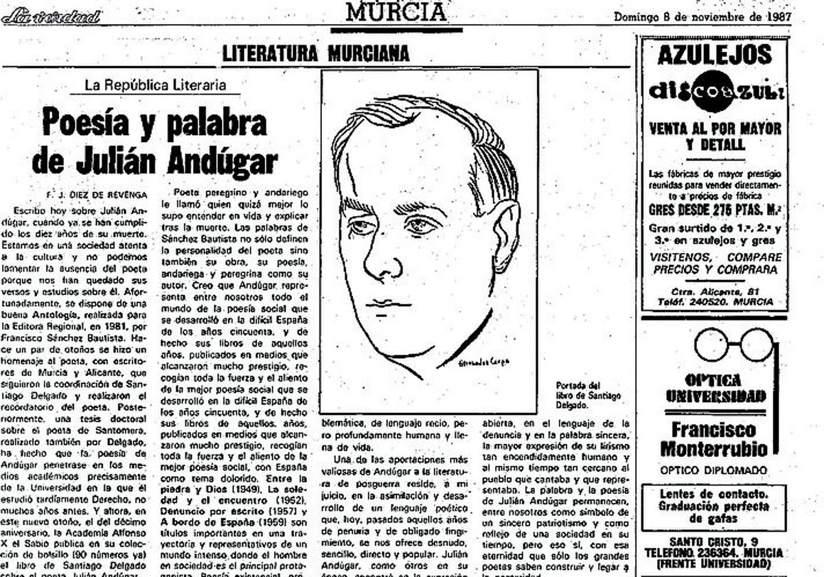 Imagen principal - Arriba: Artículo de F. J. Díez de Revenga en LA VERDAD en 1987. Abajo: Fragmento de la carta de Andúgar a Manuel Molina en 1949. 
