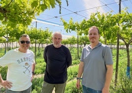 Los investigadores José AntonioHernández (i) y Gregorio BarbaEspín (d), con el agricultor GregorioMartínez, en cuya fincarealizan sus ensayos.