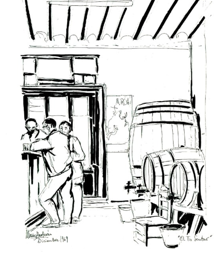 Imagen secundaria 2 - Izquierda: El 'Tío Sentado', a la derecha, chateando con un cliente. Derecha: Dibujo del interior de la tasca.