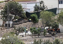 Dos peones realizaban, este miércoles, tareas de mantenimiento en los caminos y zonas ajardinadas del camping del Portús.