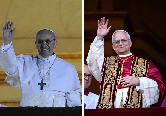 El Papa Francisco, en 2013, tras ser elegido. A la derecha, León XIV, el pasado jueves.