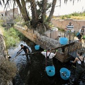 Voluntarios durante la limpieza del cauce del azarbe Mayor que rodea el molino.