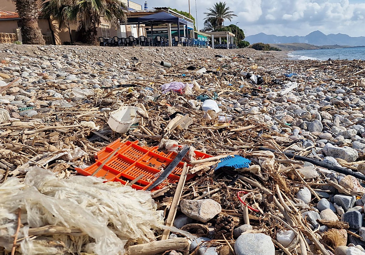 Basura acumulada por los arrastres de las lluvias en la playa del poblado de Puntas de Calnegre.