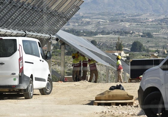 Cinco operarios instalan esta semana paneles solares en una finca de El Romeral, en el municipio de Molina de Segura.