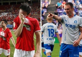A la derecha, Kike tras marcar el pasado domingo el gol que salvó del descenso al Alavés; a la izquierda en 2014, tras su último partido de grana.