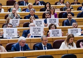 Senadores del PP muestran carteles de Portmán en el Pleno del martes.
