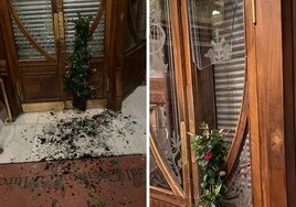 Destrozos en la puerta del Casino de Murcia, el pasado sábado.