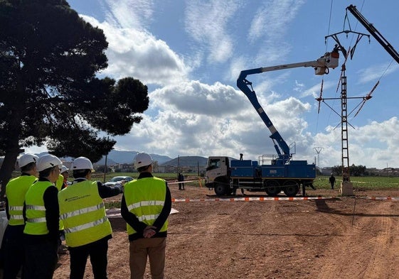 Los técnicos de la compañía realizan trabajos en una torre de la red eléctrica.