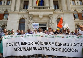 Sacas de grano vertidas frente al Ministerio de Agricultura, este miércoles, en Madrid.