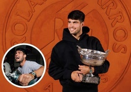 Carlos Alcaraz, con el trofeo de Roland Garros. En detalle, el murciano durante la celebración en París el domingo por la noche.
