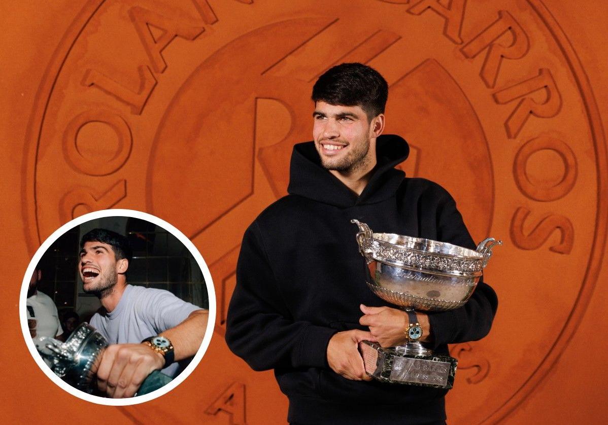 Carlos Alcaraz, con el trofeo de Roland Garros. En detalle, el murciano durante la celebración en París el domingo por la noche.