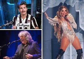 Grison en La Revuelta en 2024, José Mercé en una actuación en 2019 y Melody durante la final de Eurovisión.