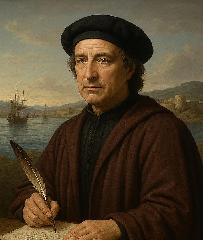 Imagen secundaria 2 - 1. Fortaleza de Cartagena donde residia el alcaide, el otro contrapoder junto al alcalde y su Concejo. 2. Imagen generada con IA en donde aparece Nicolás de Aniorte como alcalde.