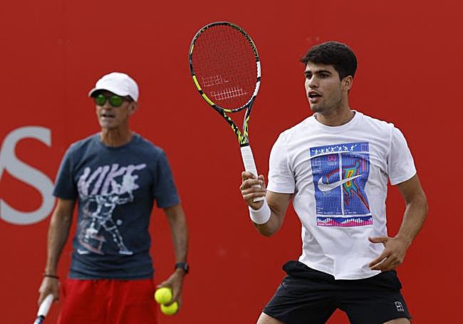 Alcaraz, entrenando ayer.