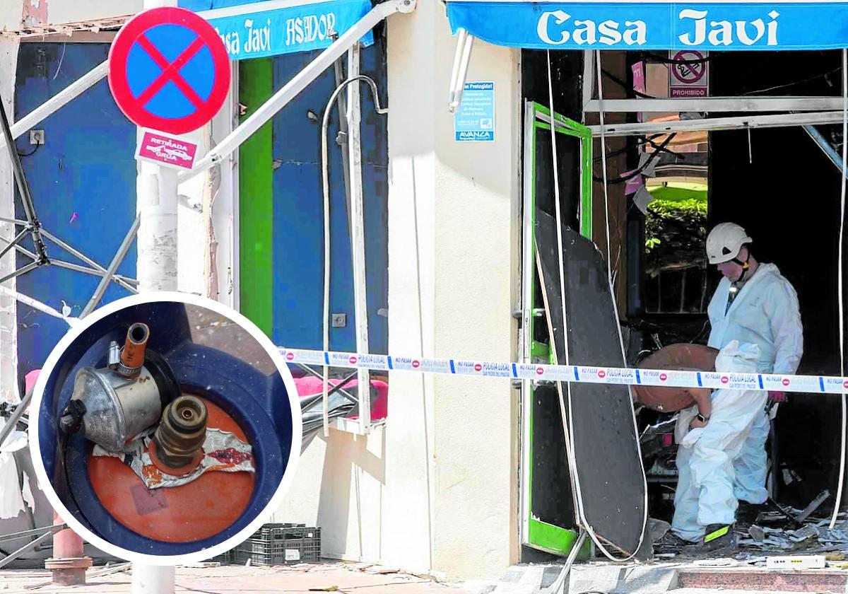 Detalle de la bombona presuntamente manipulada e investigadores de la Guardia Civil especializados en incendios inspeccionando el bar de Lo Pagán donde se produjo la explosión.