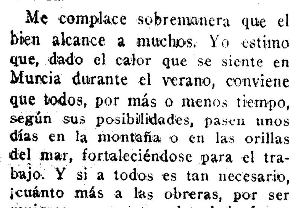 Imagen secundaria 1 - 1. El calor hizo anticipar el rosario a la Patrona en el año 1927, como contó LA VERDAD. 2. Artículo de LA VERDAD de 1930 denunciando la situación de las obreras murcianas en junio. 3. Anuncio de persianas contra el sol insertado en el diario 'La Paz' en junio de 1895.