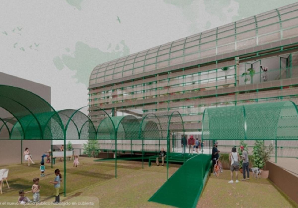 Recreación de cómo se vería el nuevo centro cultural desde un espacio público contiguo.
