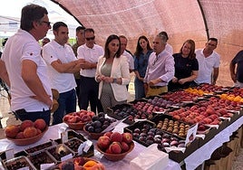 La consejera Rubira, este lunes, con técnicos y agricultores, en Abarán.