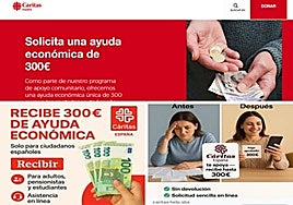 Arriba: página web que suplanta la imagen de Cáritas. Abajo: anuncios de Facebook que dirigen al sitio fraudulento.