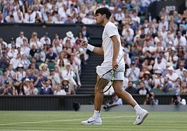 Carlos Alcaraz celebra un punto, este viernes, ante Struff.