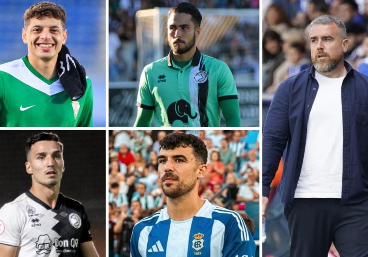 Arriba, los porteros Lucho García e Iván Martínez; abajo, los centrales Imanol Baz y Rubén Serrano; a la derecha, el técnico Javi Rey.