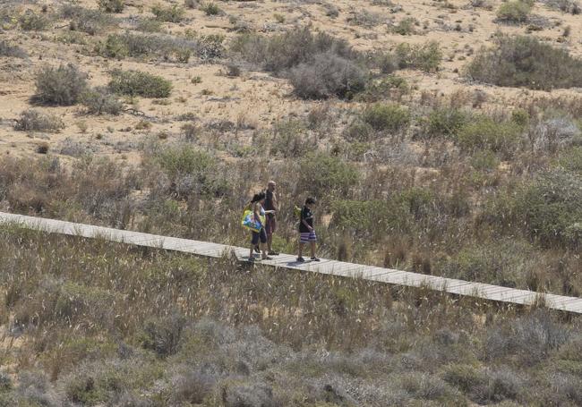 Tres visitantes acuden a pie a la playa por una de las pasarelas
