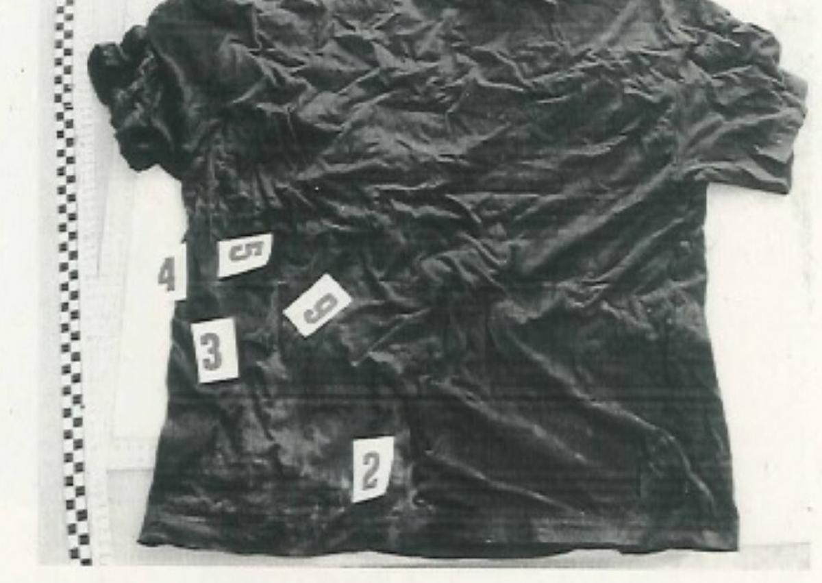 Imagen secundaria 1 - Camiseta de la víctima con diferentes cortes de arma blanca. El sospechoso de la agresión.