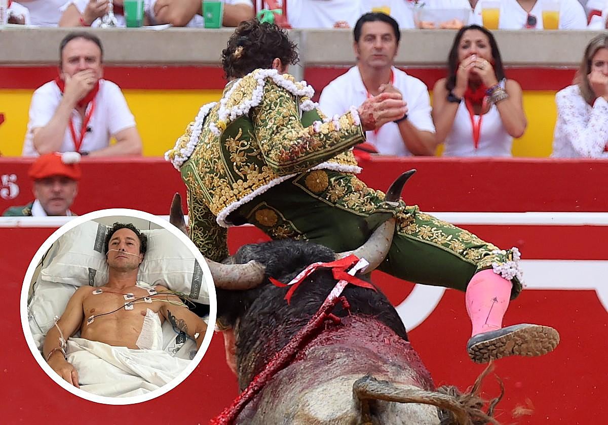 Momento de la cogida a Rafaelillo en Pamplona. En la imagen pequeña Rafaelillo en la UCI del hospital de Navarra.