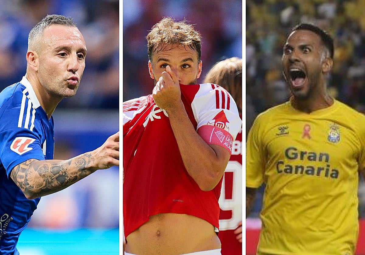 Santi Cazorla, con el Oviedo esta temporada. Pedro León, tras marcar con el Real Murcia. Jonathan Viera, con la camiseta de Las Palmas.