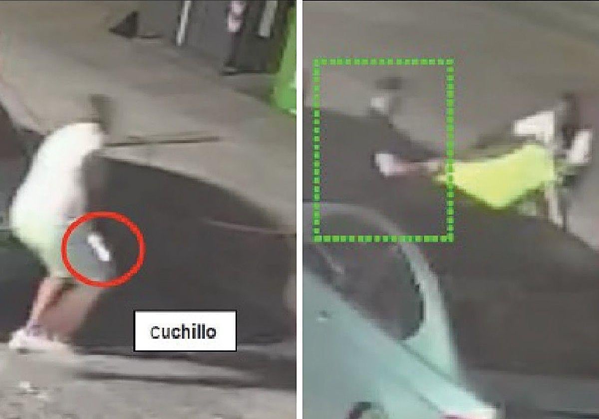 La cámara capta al agresor con un cuchillo en la mano, en la imagen de la izquierda. El tío de la víctima (i) le agarra de la camiseta para tratar de protegerlo del ataque del agresor, en la imagen de la derecha.