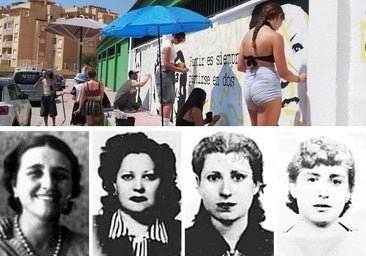 Alumnos del IES Antonio Hellín pintan el mural de homenaje a las exiliadas en el polideportivo de Puerto de Mazarrón. Sobre estas líneas, Carmen Bernal (i), Concepción Dávila, Agustina Saura y su hermana Catalina.