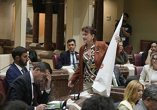 María Marín coloca un capirote del 'Ku Klux Klan' en el escaño de Antelo.