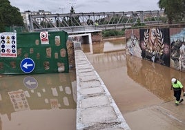 Un operario achica el agua acumulada en el antiguo paso subterráneo de Santa Clara.