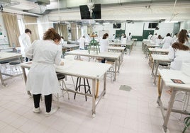 Rut Valdor, investigadora del IMIB, en el laboratorio de Terapia Celular, junto a la técnico Dolores Riquelme, en una imagen de archivo.