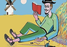 'Don Miguel de Cervantes en alpargatas'. Retrato realizado por el pintor e ilustrador murciano Arturo Pérez para LA VERDAD. Aparece en plena siega en Albacete, en uno de sus viajes por La Mancha.