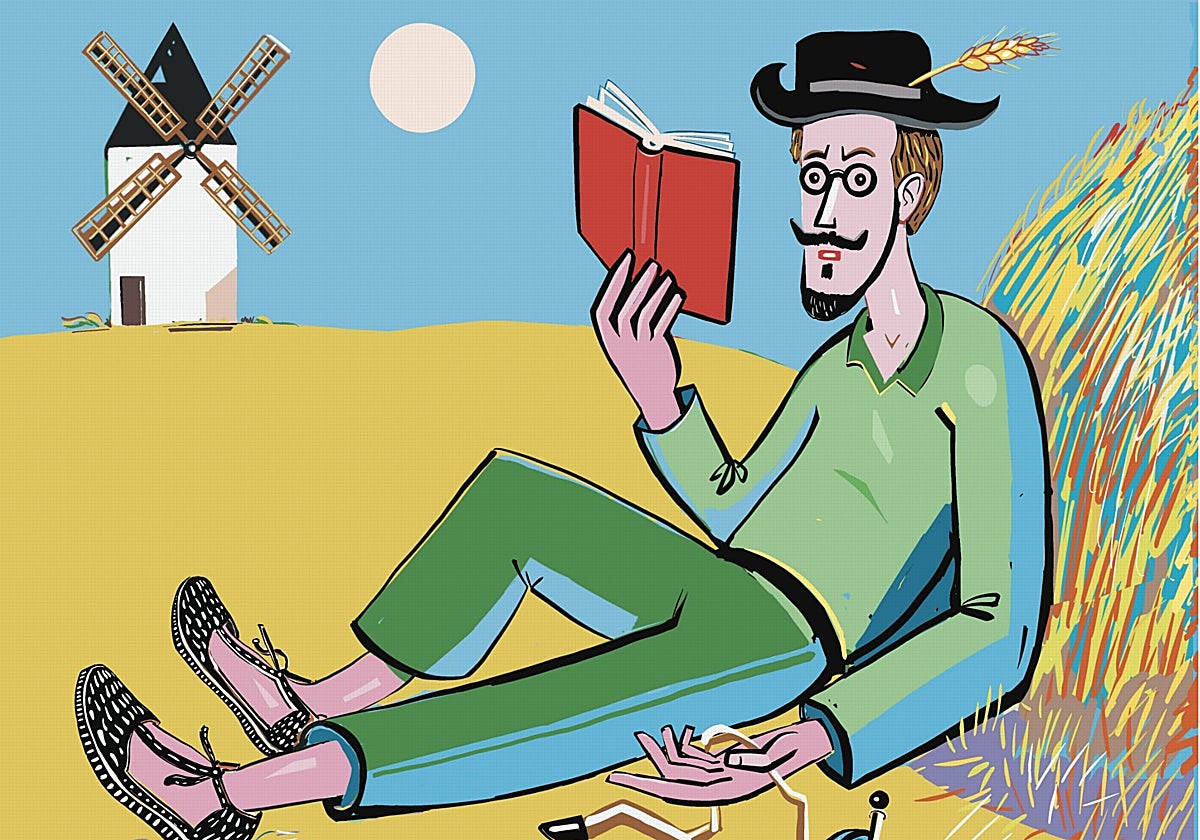 'Don Miguel de Cervantes en alpargatas'. Retrato realizado por el pintor e ilustrador murciano Arturo Pérez para LA VERDAD. Aparece en plena siega en Albacete, en uno de sus viajes por La Mancha.