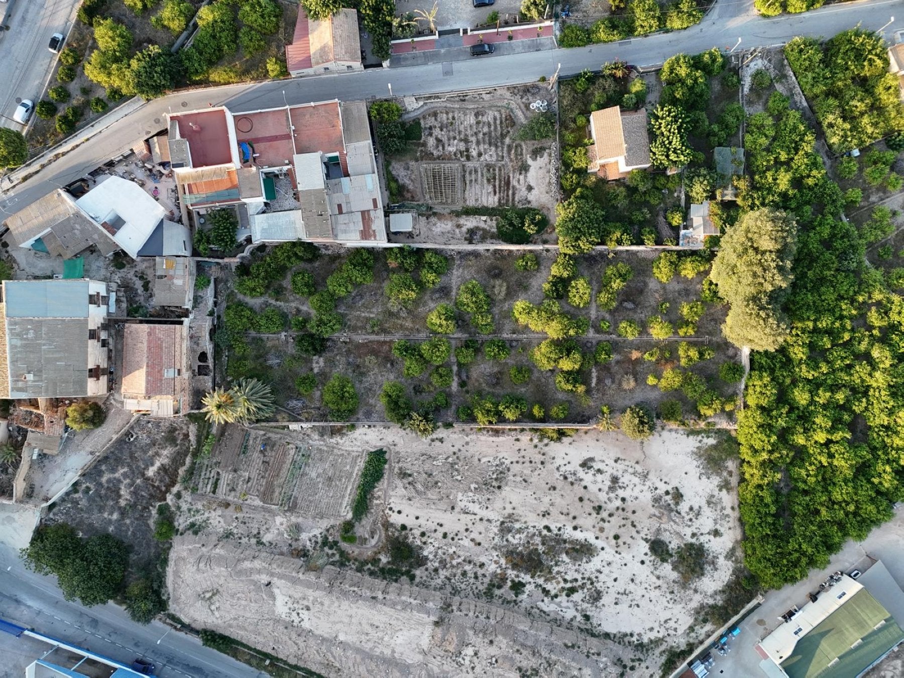 Vista aérea del huerto de Torre Lucas, de forma rectangular y con un canal central, donde estuvo el jardín monumental.