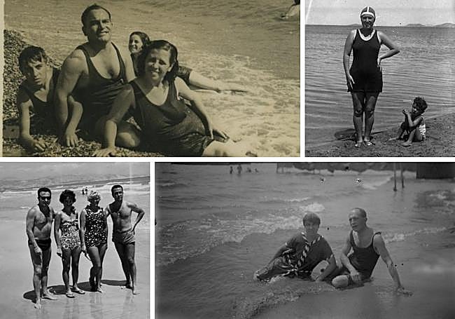 Arriba: Concepción Olivares y Francisco Suárez con el niño Antonio González (1947-1950). | Mujer con gorro y traje de baño en el Mar Menor. Abajo: Antonio González con dos belgas y un amigo (1960). | José Crespo Martínez con su mujer, Josefina Pérez Iborra (1920-1930).