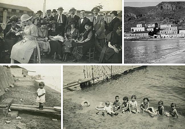 1. Invitados a la botadura del primer submarino fabricado en España, el B-1, en los astilleros de la Compañía Española de Construcción Naval. Los primeros por la derecha son Albert E. Robinson y Sofía Lizana Gal (junio de 1921). 2. Portmán, vista de la playa y del muelle-pescadería (c. 1955). 3. Alicia Lizana Gal (agosto de 1921). 4. Los hermanos Robinson Lizana, con otros niños en la playa en Los Nietos (agosto de 1921).