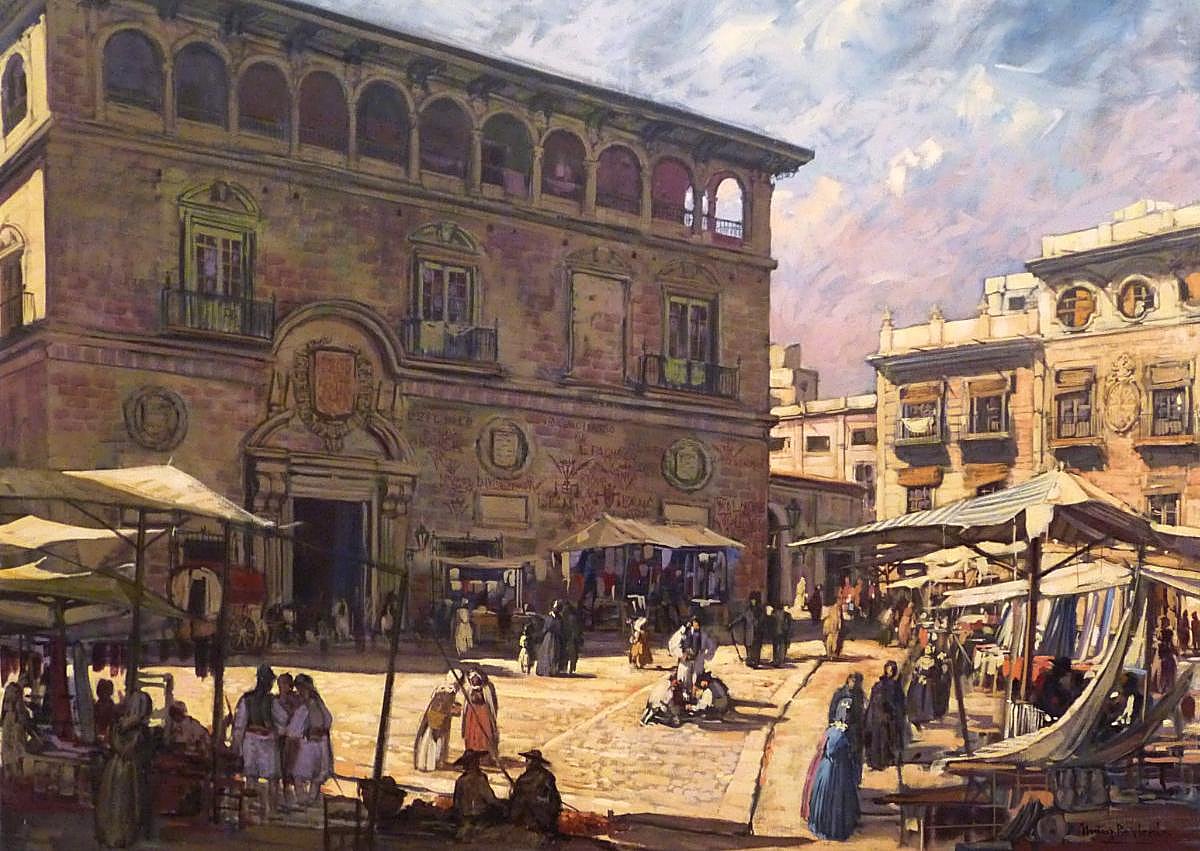 Imagen secundaria 1 - Arriba, la casa de la familia Stárico-Codorníu hacia 1920, en el lugar del convento de San Francisco. Abajo, 'El Contraste de la Seda' (1964), obra de Manuel Muñoz Barberán que recrea el edificio antes de la demolición de las arcadas. Y a la derecha, puerta principal del Contraste de la Seda.