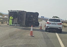 El camión volcado en la autovía, este sábado.