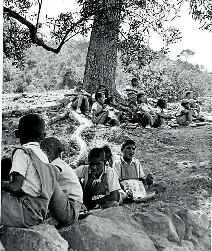 Imagen secundaria 2 - Izquierda: Niñas y niños internos de la Casa José Antonio en las colonias de verano en el Puerto de Mazarrón (c. 1960-1965). Colección Casa José Antonio. Derecha: Grupo de niños y adultos de la Casa José Antonio en una excursión campestre (c. 1961). Foto Luz (Colección Casa José Antonio).