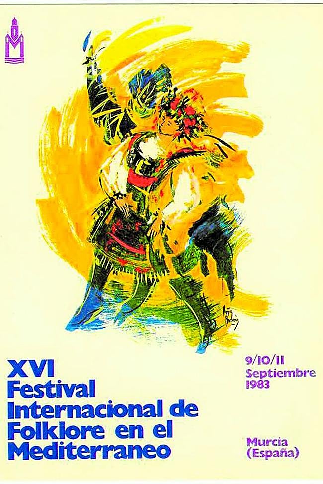 Postal del cartel del XVI Festival Internacional de Folklore en el Mediterráneo, realizado por Muñoz Barberán (1983).