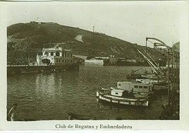 Cartagena. Embarcadero y club de regatas, vistos desde el muelle de botes (c. 1920). Postales.