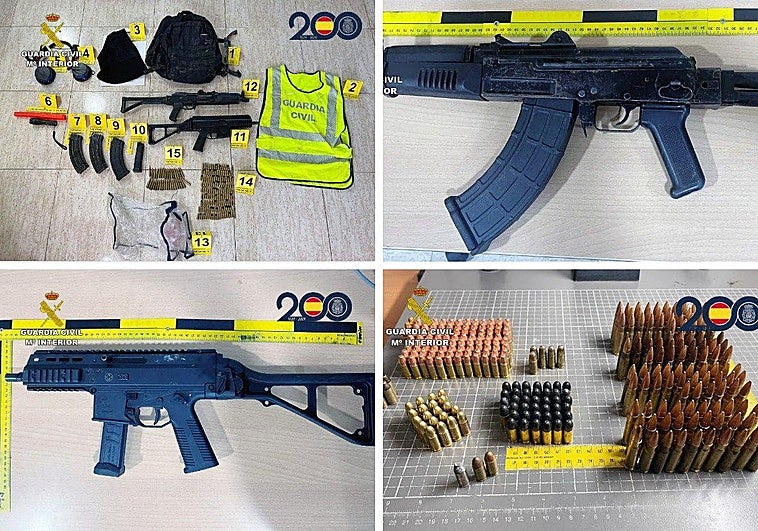 Objetos, balas y armas de guerra, del grupo criminal, sustraídos por la Guardia Civil.