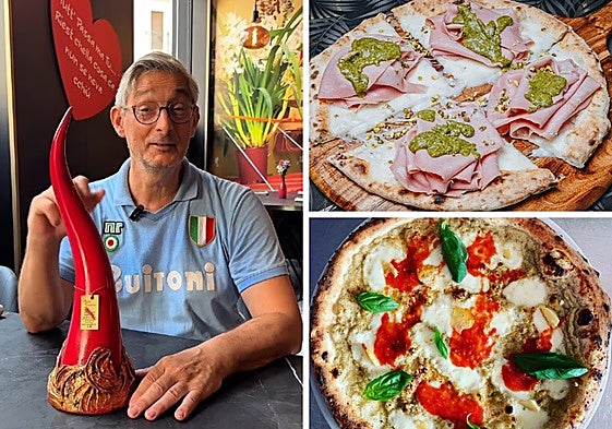 El pizzaolo Farinari Venerando y dos de sus pizzas.