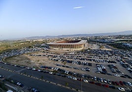 Vista panorámica del Estadio Enrique Roca de Murcia y sus alrededores en un duelo del Murcia celebrado al final del pasado curso.